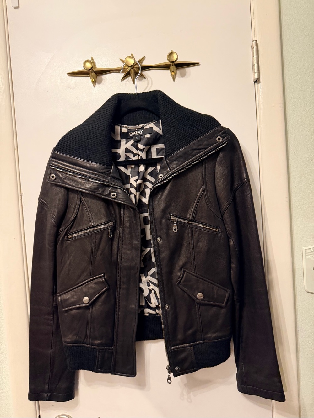 Women’s DKNY Black Leather Bomber Jacket with Rib Collar Small